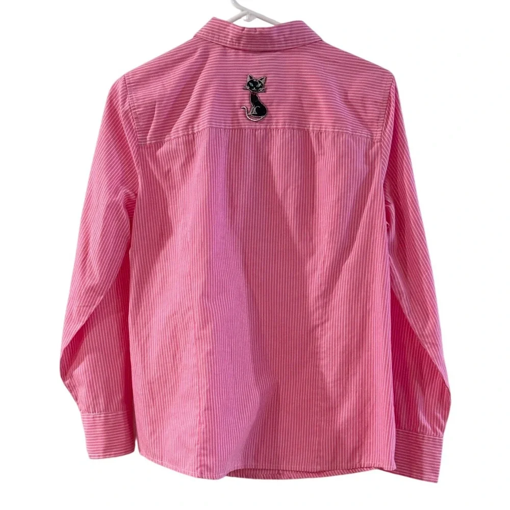 Cottagecore Catcore Cat Pink Y2K Striped Button Up Shirt Preppy Long Sleeve L